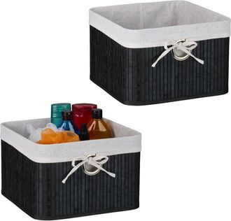 Relaxdays Storage Basket, Set of 2, Bamboo with Fabric Liner, 20x31x31 cm, with Handle, Organiser Box, Bathroom, Black - Relaxdays