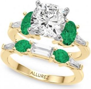 Allurez Cushion Lab Grown Diamond & Oval Emerald Bridal Set 18K Yellow Gold (4.65ct)