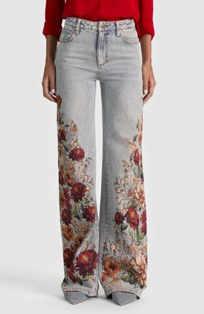 Alice & Olivia Chic High Waist Floral Embroidered Straight Leg Jeans in Rckt Flrrd at Nordstrom, Size 26