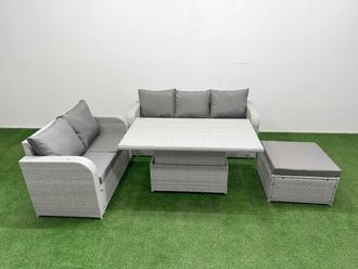 Fimous 6 Seater PE Rattan Wicker Garden Furniture Patio Conservatory Sofa Set w/ Adjustable Lifting Dining or Coffee Table 3 Seater Sofa Love Sofa