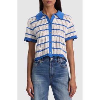 Alice & Olivia Randall Open Stitch Cotton Blend Cardigan in Blue Iris/White at Nordstrom, Size X-Large