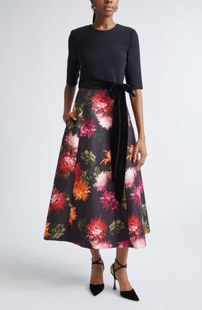 Carolina Herrera Chrysanthemum Print Crepe, Velvet & Faille Fit & Flare Midi Dress in Black Multi at Nordstrom, Size 16