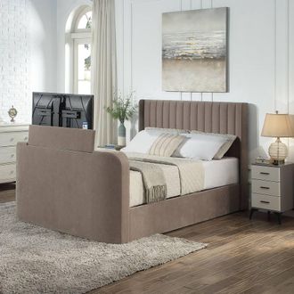 Aspire Home Accents Kensington Wingback Chenille TV Bed with Ottoman Storage in Taupe | Size: Double