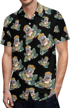 Generic Cute Hippo Hawaiian Shirts for Men Short Sleeve Button Down Casual Summer Top for Beach Party