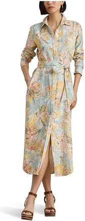 Lauren Ralph Lauren Floral Linen Shirtdress Womens Dress Cream/Blue : 14