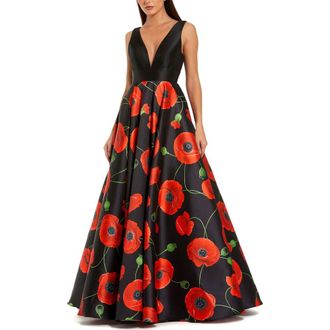 Mac Duggal Plunge Neck Ballgown With Floral Mikado Skirt in Black at Nordstrom, Size 12