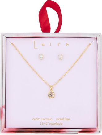 Leith Cubic Zirconia Stud Earrings & Necklace Set in Clear- Gold at Nordstrom Rack