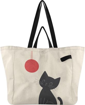 Generic Cat Yarn Ball Beige print Reusable Canvas Tote Bag, Heavy Duty Grocery Shopping Bag with Large Capacity Double Handles Hard Bottom Work Groceries Trav