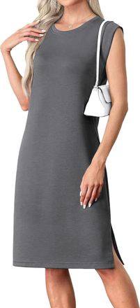 Generic Midi Dresses for Women 2025 Summer Round Neck Casual Loose Split Wrinkle-Free Midi Dress with Pockets Dark Gray