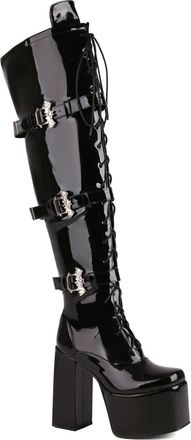 Generic Womens Chunky High Heel Platform Gothic Punk Boots Lace Up Thigh High Boots with Side Zipper PU Leather Over The Knee Boot with Bat Wing Buckles,Black