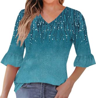 Generic Womens Tops 3/4 Length Sleeve Summer Tunic T Shirts Ladies V-Neck Dressy Casual Ruffle Sleeve Blouses