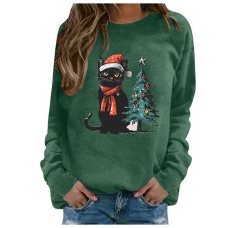 Generic Christmas Jumpers Christmas Cat Sweatshirts Black Cat Xmas Lights Shirt Crewneck Holiday Pullover Sweater Long Sleeve Pullover Blouse Crew Neck Oversi