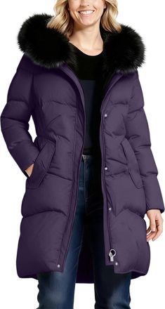 Generic Womens Long Winter Coats Ladies Parkas Jacket Thicken Padded Quilted Jacket Zip up Longline Warm Puffer Coats with Faux Fur Collar Hooded Thickened Wi