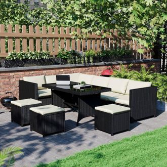 Home Discount Belgrave Rattan Garden Furniture 9 Seater Outdoor Corner Sofa Stool Table Set, Black-With-Cover