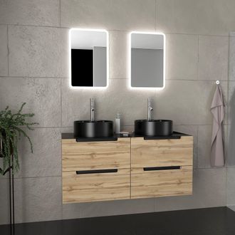 Aurlane Aurlane - Mueble De Ba&ntilde;o 120cm Roble Y Negro, Lavabos Redondos &Oslash;41cm Y Espejos Led 40x60 - Omega