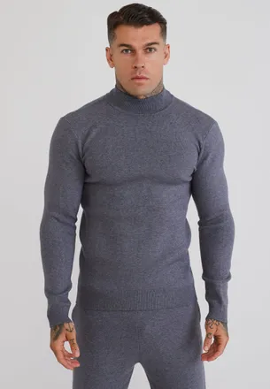 Siksilk Mens Grey Marl LS High Neck Knitted Sweater XXL