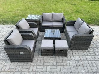 Fimous 8 Seater Rattan Sofa Set Outdoor Garden Furniture Set with Square Coffee Table Loveseat Sofa Reclining Chairs Side Table 2 Small Footstools