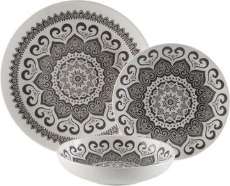 VERSA Versa Vajilla Porcelana 18 Piezas Huhana, Vajilla Huhana De 18 Piezas, Un Servicio De Mesa Elegante Y Funcional Que Combina Dise&ntilde;o &Eacute;tnico En Blanco Y 
