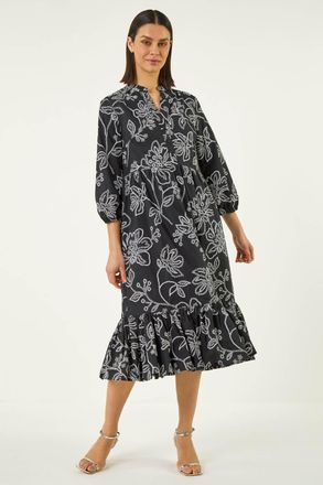 Roman Floral Puff Print Buttoned Midi Dress
