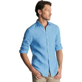 CHARLES TYRWHITT Plain Pure Linen Shirt in Ocean Blue at Nordstrom, Size Xx-Large