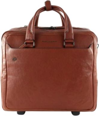 Piquadro Zwarte Vierkante Computer Aktetas met Wielen - Heren - Handbagage koffer - Bruin - ONE Size - Leer - Koffers