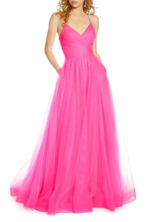 La Femme Long Tulle A-line Gown with Side Slit and Pockets in Neon Pink at Nordstrom, Size 10
