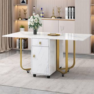 Merax Marble Effect Folding Gateleg Dining Table on Wheels in Off-White
