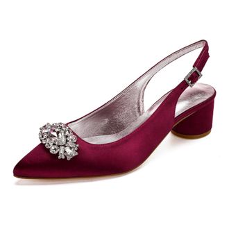 Generic Wedding Shoes Womens Low Heels Pointed Toe Bridal Heels Comfortable Satin Chunky Heels Prom Party Dress Shoes 4.5Cm,Burgundy,2 UK