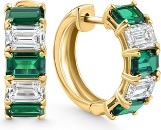 Pompeii3 6Ct Emerald & Diamond Hoops 14k Yellow Gold Lab Grown 3/4 Tall