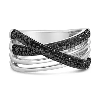 House of Brilliance Sterling Silver 1/2 Cttw Black and Blue Diamond Crossover Bypass Ring