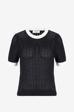 Akris Zweifarbiger Kurzarm-Lochstrickpullover Dot Knit