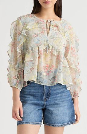 NVLT Floral Ruffle Chiffon Babydoll Top in Marshmallow Springy Floral at Nordstrom Rack, Size X-Large