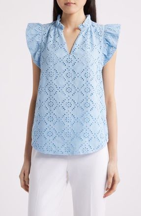 Anne Klein Embroidered Cotton Eyelet Top in Lakeshore at Nordstrom, Size X-Small P