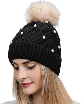 Generic Womens Warm Winter Hat Woolly Knitted Beanie with Detachable Chunky Faux Fur Bobble Pom Pom Black