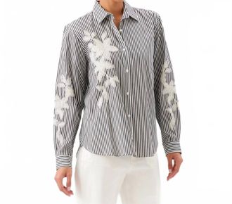 Karen Kane Long Sleeve Stripe Embroidered Shirt In Black With Off White