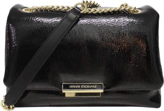 A|X Armani Exchange Ladies Black Patent Leather Shoulder Bag, Black, One Size