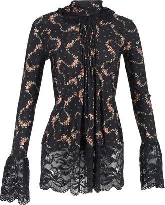 Paco Rabanne High Neck Lace Trimmed Top in Black Cotton