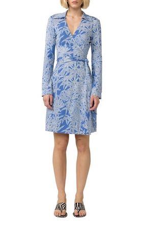 Diane Von F&uuml;rstenberg New Jeanne Leaf Print Long Sleeve Silk Wrap Dress in Fuji Dusk Blue at Nordstrom, Size Xx-Small