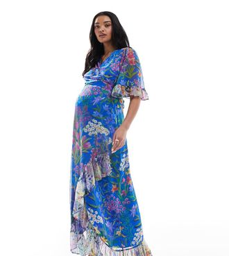Hope & Ivy Maternity frill sleeve maxi wrap dress with tie waist in blue print
