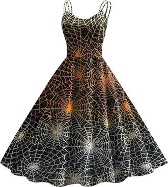 Generic Halloween Dress for Women Sleeveless Gothic Dress Women Rockabilly Retro 1950s Spaghetti Strap Swing A-Line Dresses Cocktail Party Evening Prom Gown H