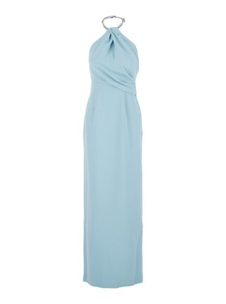 Solace London Riva Light Blue Long Dress With Rhinestone-Embellished Neckline And Drape Details In Twill Woman