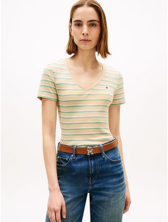 Tommy Hilfiger Womens Stripe V-Neck Favorite T-Shirt - Beige - XXL
