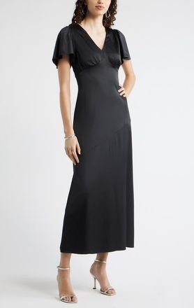 Chelsea28 Flutter Sleeve Satin Maxi Dress in Black at Nordstrom, Size Xx-Small