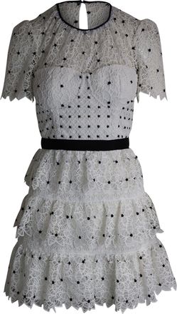 Self Portrait Tiered Polka Dot Floral Lace Mini Dress in White Polyester