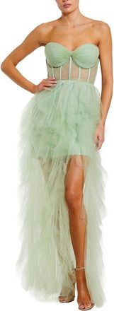 Mac Duggal Strapless Bustier Net Gown With Spiral Ruffles