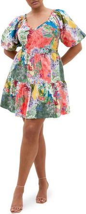 City Chic Fantasy Amalfi Print Tiered Minidress in Fools Floral at Nordstrom, Size 12W