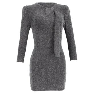 Iro Iro Perk Knitted Mini Tie-Neck Long Sleeve Dress in Metallic Silver Nylon