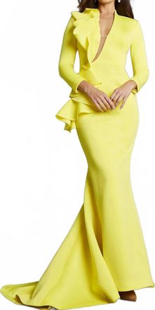 Jovani Plunging Neckline Long Sleeve Dress In Yellow