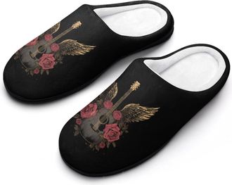 Generic Rock Guitar with Rose Wings Funny Mens Cotton Slippers Shoes Novelty Soft Non-Slip Sole Home Shoe
