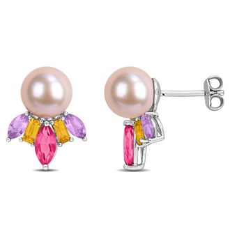 Mimi & Max 8mm Pink Cultured Freshwater Pearl 2 1/10ct TGW Blue Topaz Pink White Topaz Earrings Sterling Silver